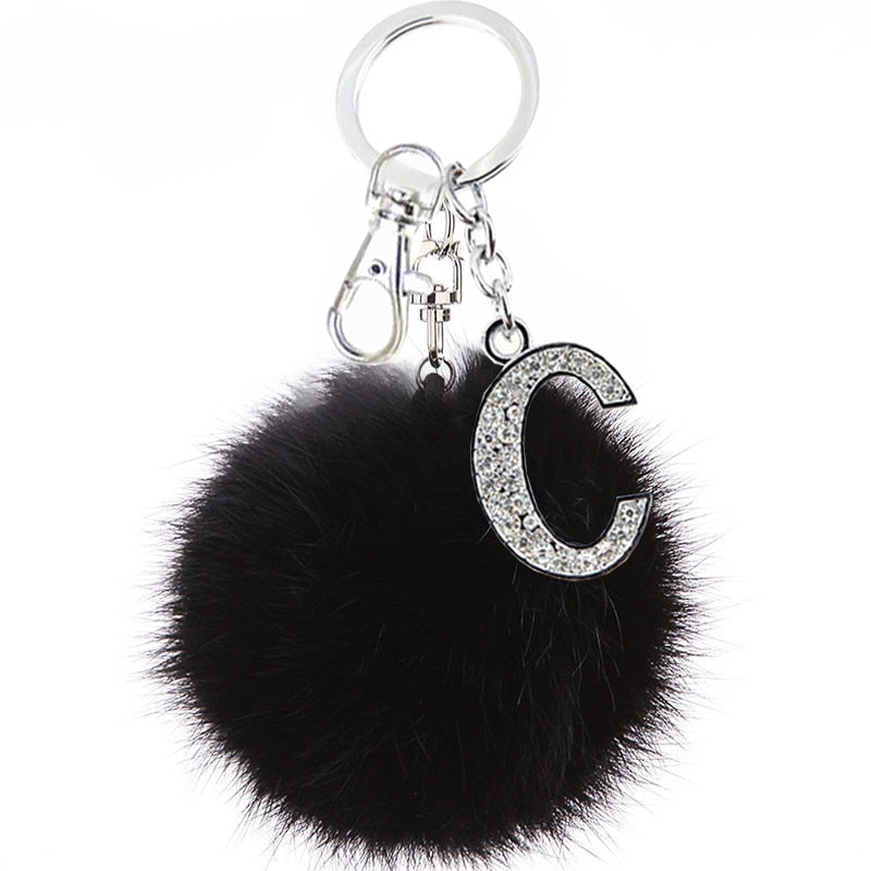 NEW Crystal Letters Keychain Fluffy Black Pompom Faux Rabbit Fur